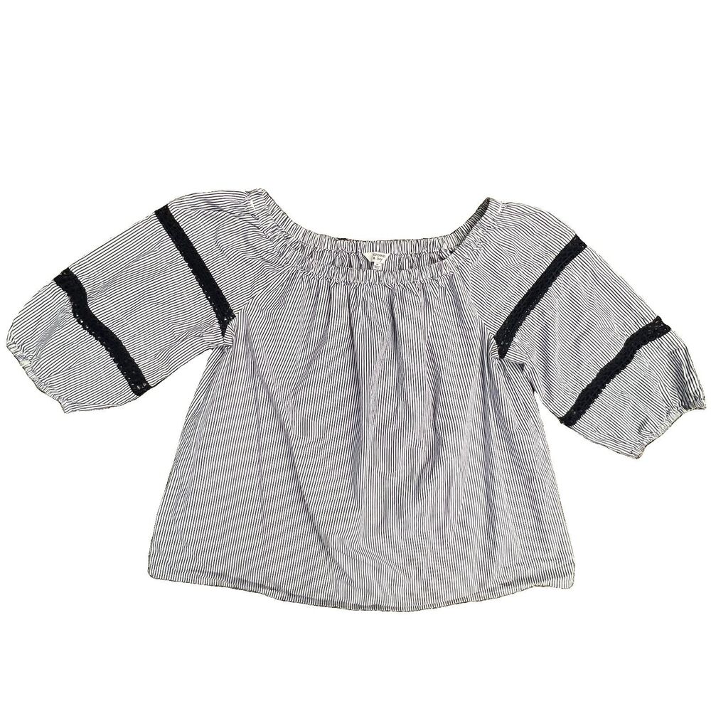 Off Shoulder Cotton Blouse Sz MED Blue & White Striped Lace 3/4 Sleeve